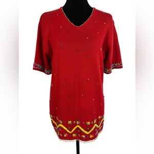 Denim & Co Vibrant Vintage Red Beaded & Embroidered V-Neck Knit Top - Size M